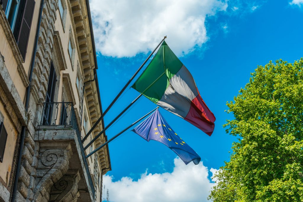 Italiand and European Flags on a building