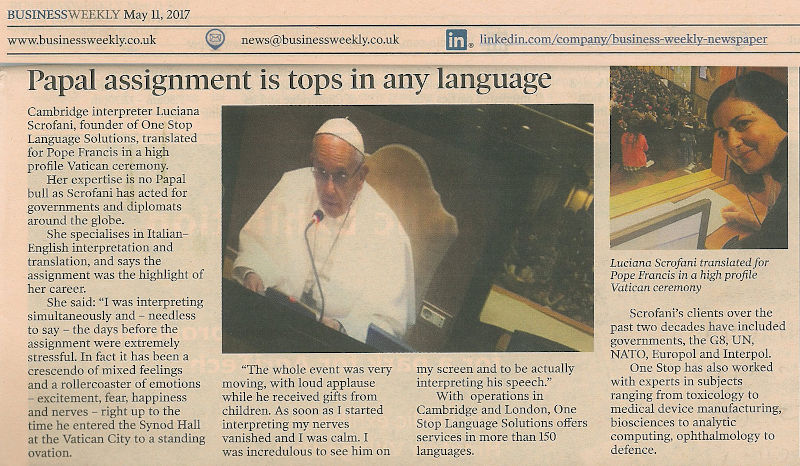Luciana Scrofani Green English Italian interpreter papal assignment is tops in any language translating for Pope Francis