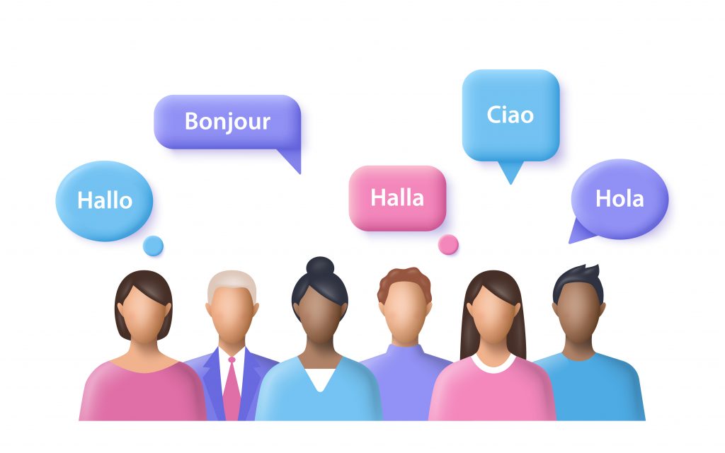 Mother language. People say the word hello in different international languages. 3d vector illustration.